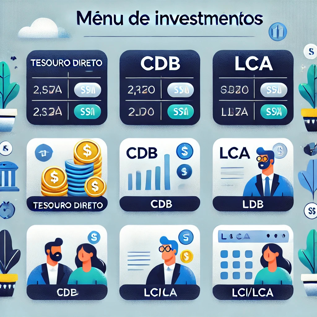 Menu de investimentos para renda fixa.