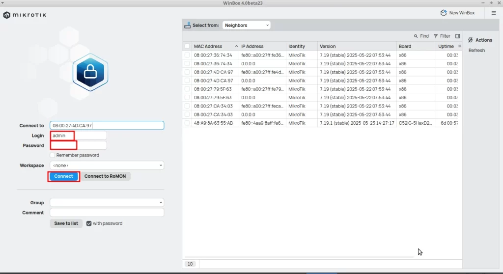 Connecting to MikroTik via Winbox to configure the Mikrotik DHCP Client.