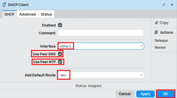 Configuring the Mikrotik DHCP Client.