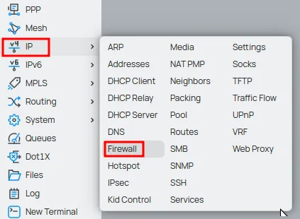 IP menu and Firewall option to configure NAT Masquerade on MikroTik.