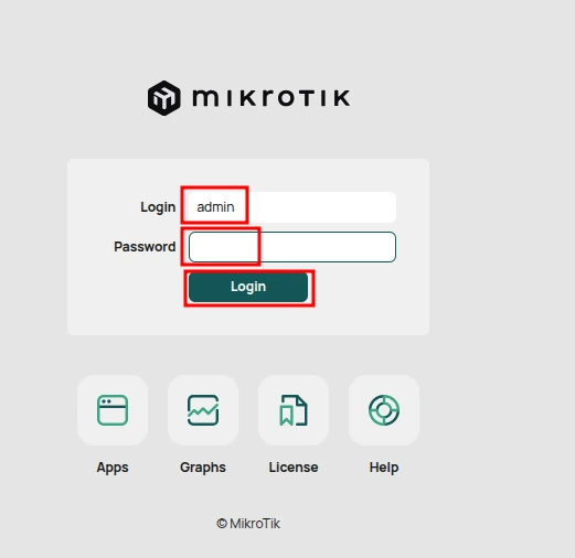 Initial MikroTik Access in WebFig Using the Default MikroTik Password.