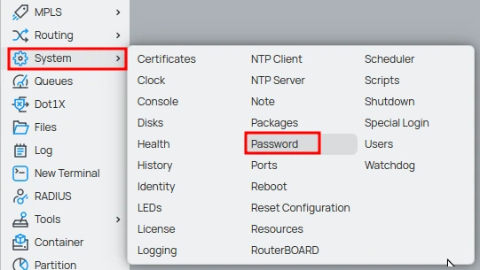 Changing the Mikrotik default password in my System > Password.