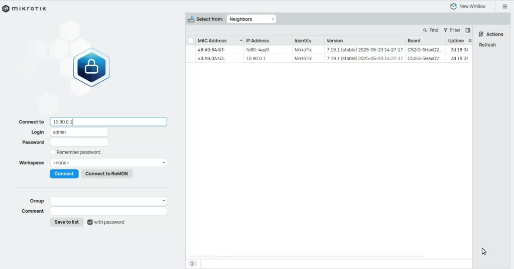 Connection interface of Mikrotik Winbox version 4