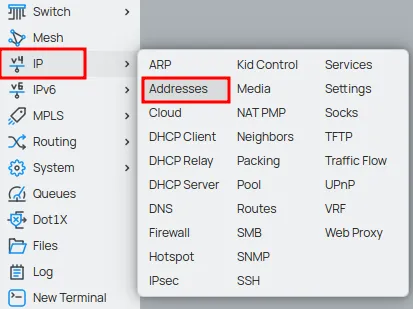Configuring the interface IP address on MikroTik via Winbox in order to set up a DHCP Server next.