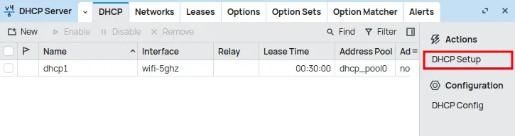 Opsi DHCP Setup untuk melanjutkan pengaturan Server DHCP di MikroTik.