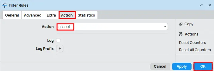 Accept in the Action tab to open an internal port in the MikroTik firewall.