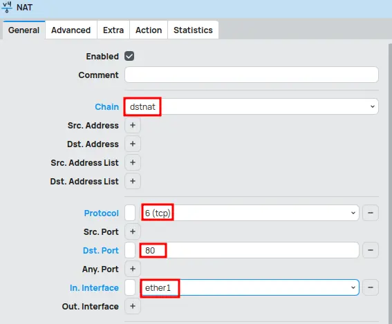 General tab for Port Forwarding in MikroTik