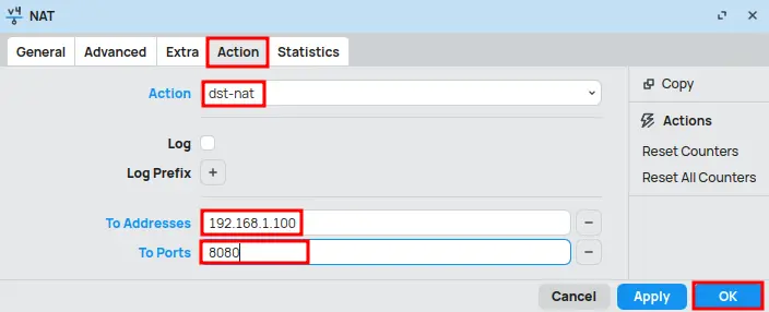 Finalizing Port Forwarding settings in MikroTik in the Action tab
