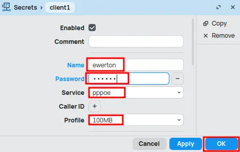 Create username and password for MikroTik PPPoE.