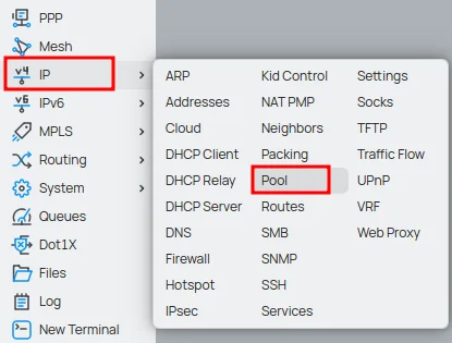 IP > Pool menu for L2TP IPSec on MikroTik.