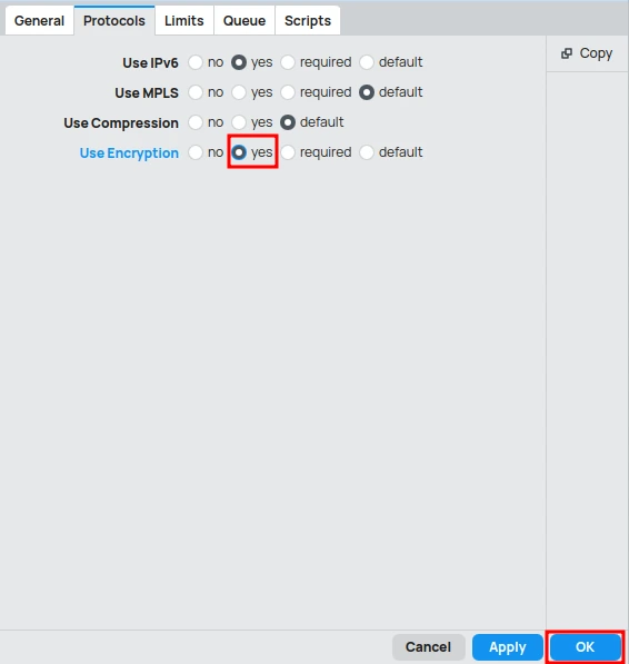 Enable Encryption in L2TP IPSec on MikroTik.