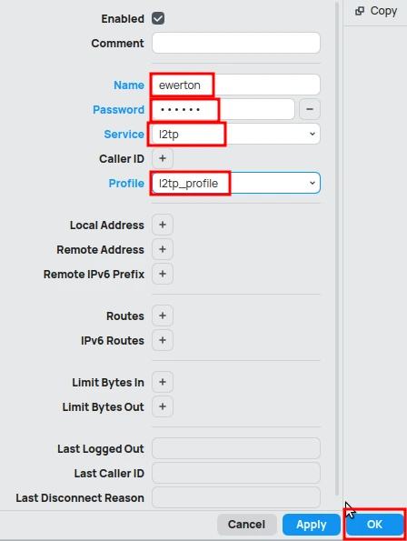 Create users for L2TP IPSec on MikroTik.
