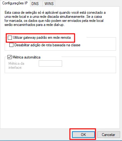 Desmarcar opção gateway padrão em rede remota em VPN L2TP IPSec no Windows.
