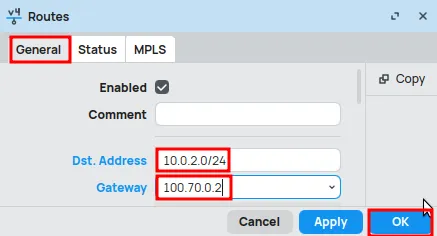 Configuration of R-1 for static routing on MikroTik.