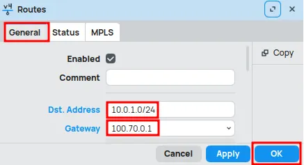 Configuration of R-2 for static routing on MikroTik.