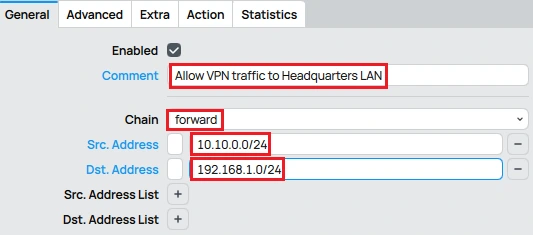 Firewall rules to allow connection to the Mikrotik Site-to-Site L2TP/IPsec VPN.