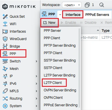 L2TP client menu for configuring Mikrotik Site-to-Site L2TP/IPsec.