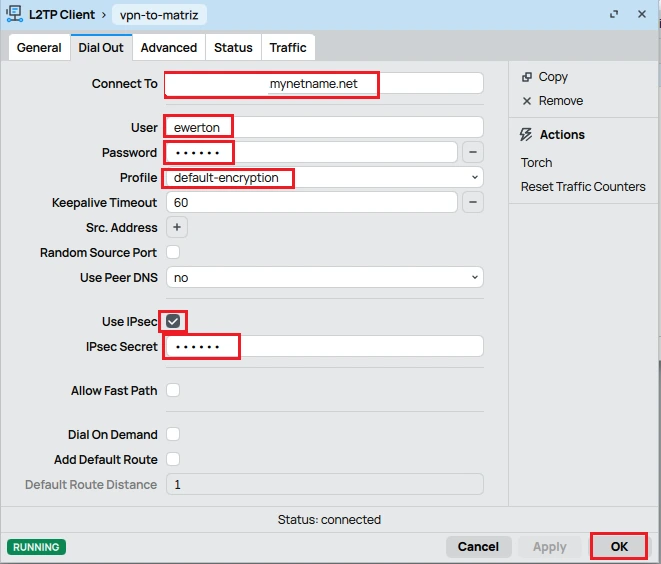 Information for connecting to the Mikrotik Site-to-Site L2TP/IPsec VPN.