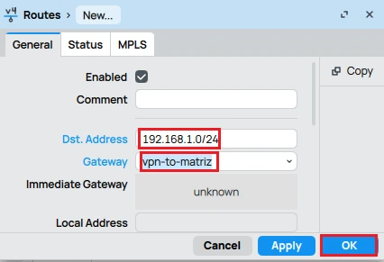 Rota estática para conexão VPN Site to Site L2TPIPSec Mikrotik