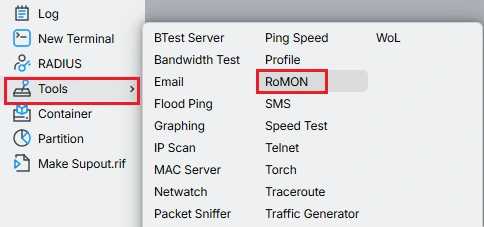 Opção Romon Mikrotik em Tools no Winbox.
